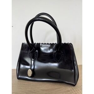 Furla Black Patent Leather Scalloped Trim Tote Handbag with Pink Lining